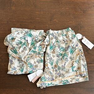 Japna Womens Linen Blend 2 Pc Pajama Set Floral Birds Shorts top